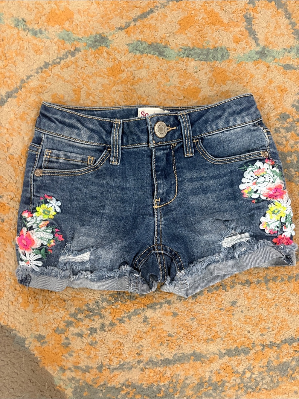 Sonoma Blue Denim Shorts with Bright Floral Embroidery Girls Size